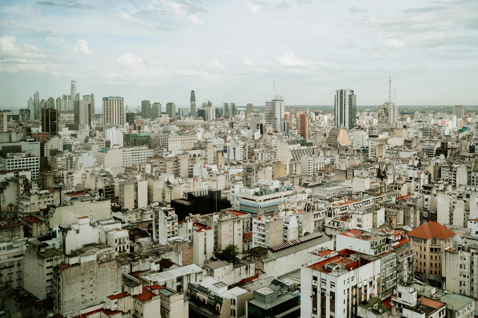 Aerial view of the Buenos Aires skyline at sunrise